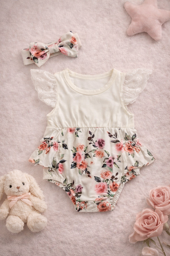 پیراهن بادی مجلسی دخترانه دامن گلی با تل هدبند پاپیونی